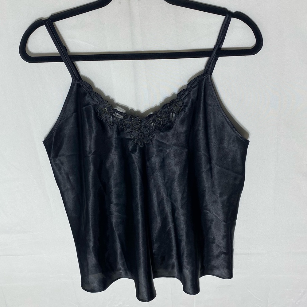 Vintage Versailles Black Satiny Tank Top Camisole Lingerie W Lace Trim L